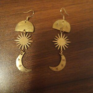 Brass Sun Moon Celestial Earrings 2-3/4" Handmade